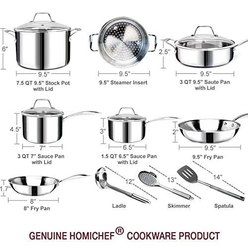 HOMICHEF 14-Piece Nickel Free Stainless Steel Cookware Set Whole-Clad 3-Ply - Mirror Polished Pots And Pans Set - Healthy Cookware Set With Steamer - Non-Toxic Induction Cookware Sets