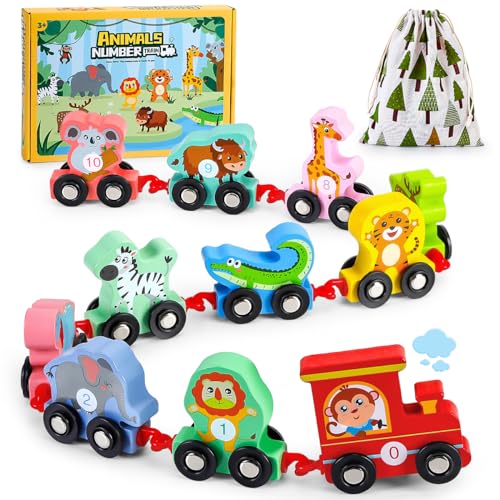 EDUJOY Toddler Toys for 2-3 Year Old Boy, Wooden Animal Train Set, Montessori Toys for 2 3 Year Old Boy Christmas Birthday Gifts, Learning Toys for Toddlers 2-4 Years Girl Toys Age 2 3