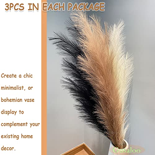 Artificial Faux Pampas Grass Large, 47"/120cm Bundle of 3 Fake Artificial Pampas Grass Decor Tall Fluffy Stems, Floor Vase Filler for Living Room Kitchen Decor Boho Decor Wedding -Lightbrown