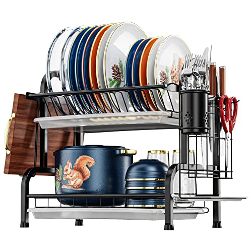 iSPECLE Dish Drying Rack - 2 Tier Dish Rack with Cup Holder, Dish Drai