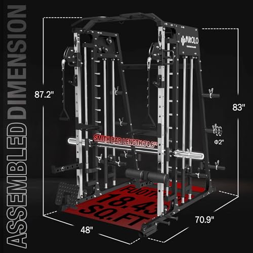 Mikolo Smith Machine, 2200lbs Multi-Function Power Cage Squat Rack with Cable Crossover System and Leg Hold-Down Attachment, Power Rack with 230lbs Olympic Weight Plates Sets, Black