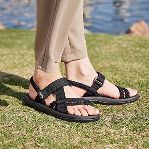 MEGNYA Ladies Supportive Walking Dressy Sandals, Cushion Rubber Insole Sandals for Outdoor Adventure, Comfortable Flip Flop Water Sandals with Cute Hook and Loop Straps Black Grey Size 6