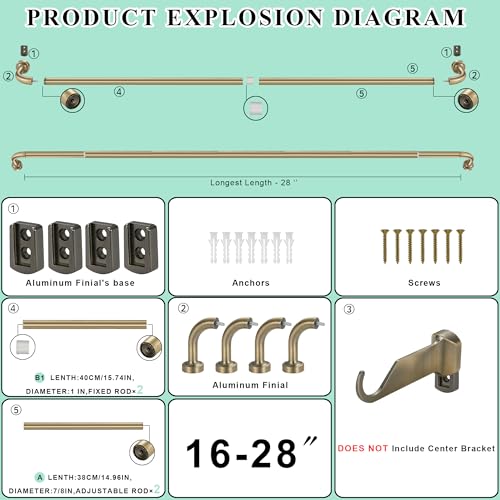 Lwiiom 2 Pack Wrap Around Curtain Rod for Windows 28-56", Internal Splicing 1 Inch Diameter Disc, Adjustable Room Darkening Curtain Rod with Aluminum Finials and Brackets, Antique Bronze