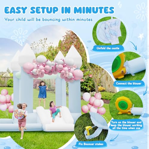 FBSPORT White Bounce House, Inflatable Bouncer with Air Blower,Indoor & Outdoor Bouncy Castle with Big Ball Pit for Wedding Party Kids Birthday Party, Easy to Install