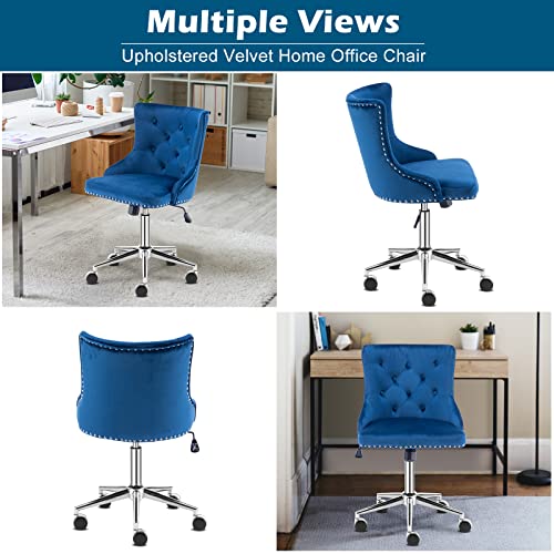 VINGLI Navy Blue Velvet Armless Home Office Desk Chair with Gold Base/Wheels, Cute Vanity/Makeup Chair with Back for Bedroom, Upholstered Adjustable Rolling Swivel Nail Chair for Women/Girls