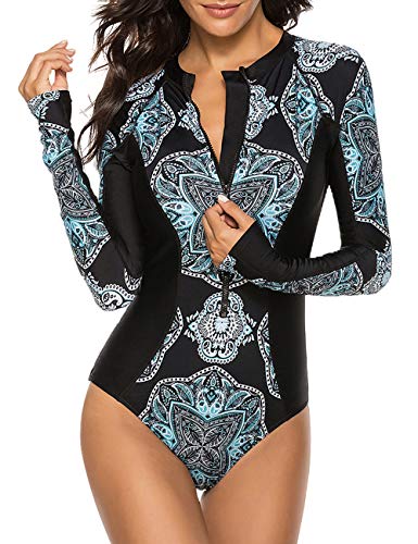 SELINK Women's Long Sleeve Rash Guard UV Protection Zipper Printed Surfing One Piece Swimsuit Bathing Suit Coconut Palm Tree-M