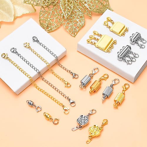 16 Pcs Magnetic Jewelry Clasps and Necklace Layering Clasp Necklace Extenders Gold Silver,Multiple Sizes and Styles Chain Extenders Magnetic Clasps for Jewelry Necklace Bracelet