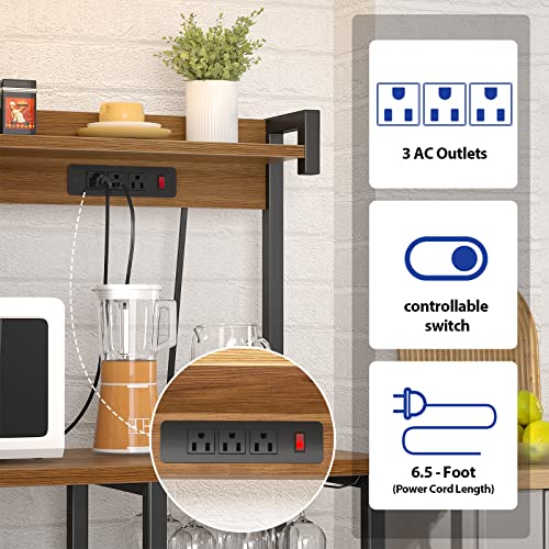 Topfurny Bakers Rack with Power Outlet, Microwave Stand, Kitchen Storage Shelf with Wire Basket, Coffee Bar Station with Wine Glass Holder, Kitchen Rack for Spices, Pots, and Pans, Rustic Brown