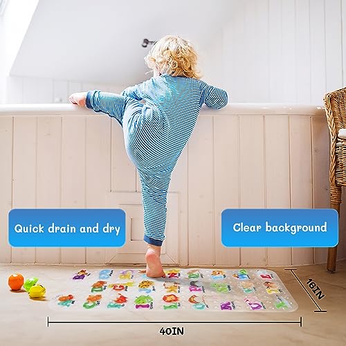 Secopad Baby Bath Mat for Tub for Kids, 40 X 16 Inch Non Slip Cartoon Bath Tub Shower Mat Anti Slip with Drain Holes and Suction Cups Machine Washable, 26 Alphabet and Animals