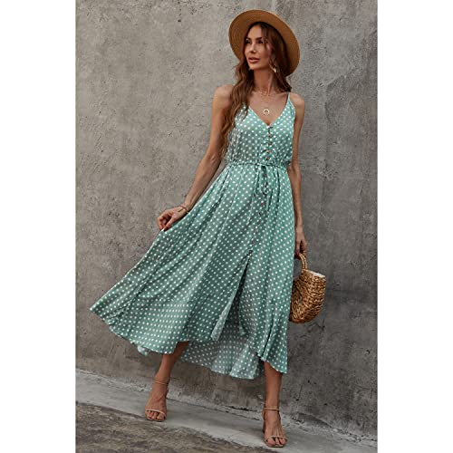 BROVAVE Women's 2025 Summer Casual Boho Sundress Polka Dot Spaghetti Strap V Neck Flowy Midi Dresses(008 Pink, Small)