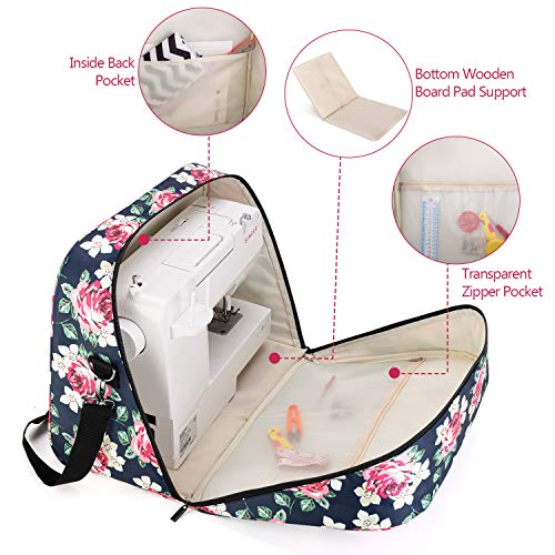 Teamoy Sewing Machine Carrying Case, Sewing Machine Tote with Bottom Wooden Board Pad for Most Standard Sewing Machines and Accessories, Blue Peony