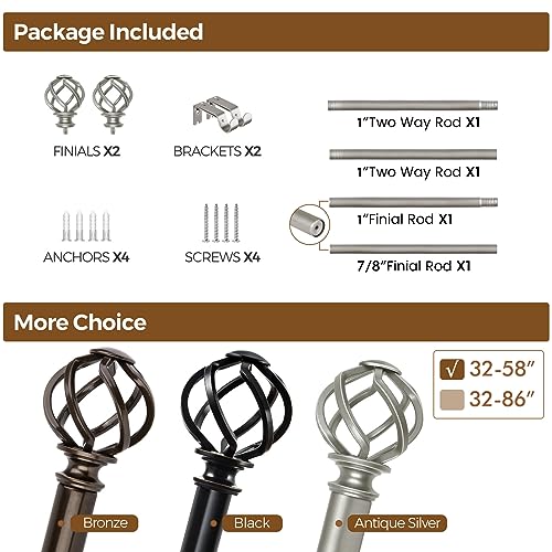 KAMANINA Antique Silver Curtain Rod 32 to 58 inch(2.6-4.8ft), 1 inch Adjustable Single Curtain Rods for Windows 28 to 48 inch, Decorative Drapery Rod with Twisted Cage Ends