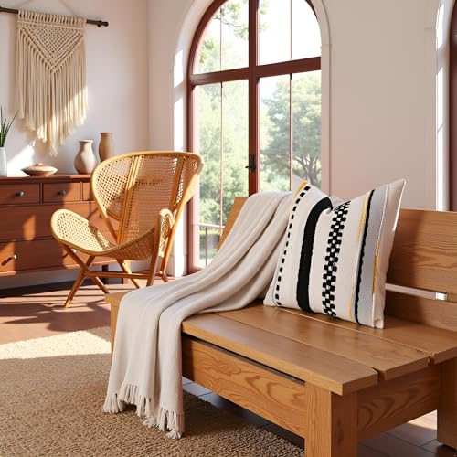 Tosleo Boho Throw Pillow Covers 18x18 Set of 2 Striped Decorative Pillow Cases Accent Chenille Pillowcases Farmhouse Cushion Case Bohemian Nuetral Textured Pillow Cover,Yellow and Gray