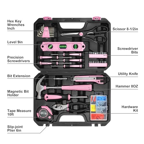 Amazon Basics Household Tool Kit With Storage Case, 142 Piece, Pink, 13.39 x 9.25 x 2.95 inch