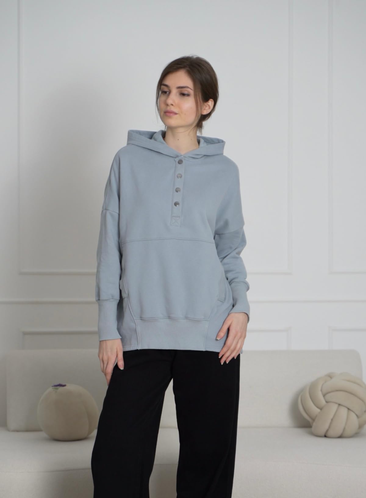 AlvaQ Womens Sweatshirts Button V Neck Fleece Oversized Hoodies Casual Loose Pullover Hooded Tops Fall Winter Outfits 2025 Grey Large