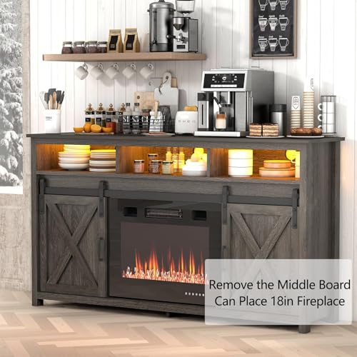 Vinctik 6&Fox 57” Wooden Farmhouse TV Stand for 60/65 inch TV,Double Layer Storage Entertainment Center TV Console Table,w Double-Row Sockets and 2 Sliding Barn Door,Media Cable Box(Grey Wash)