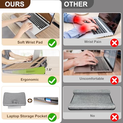 Lap Desk Laptop Bed Table: Home Office Portable Computer Lapdesk with Soft Cushion and Storage Bag - Wood Wide Writing Padded Tray for Work on Couch - Fits up to 17 Inch Laptop