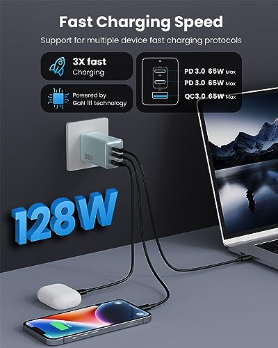 USB C Charger 128W Wall Charger,(GaN III) 3 Port Fast Charging Station,65W Foldable Wall Charger Adapter for MacBook Pro/Air,HP,ThinkPad,Dell XPS,iPhone 15/14/13,Pro,iPad Pro/Air,Galaxy S23(Blue)