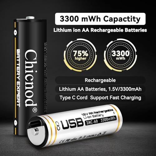 CHICNOD 2 Pack AA Rechargeable Batteries-AA Lithium Battery,1.5V Constant AA Lithium ion Double A Batteries 3300mWh High Capacity Long Lasting 1.5H Quick Charge USB Charging Cord