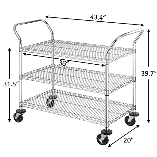 Finnhomy 3-Tier Commercial Grade Rolling Cart, Heavy Duty Utility Cart with Wheels and Handles, Metal Kitchen Carts on Wheels with 500 lbs Capacity, Shelf Size 20" D x 36" W, NSF