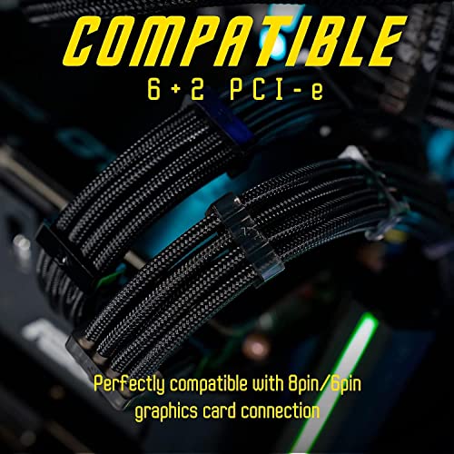 AsiaHorse 18AWG PSU Cable Extension Sleeved Custom Mod GPU PC Audio Video Power Supply Soft Braided Cables with Two Color Comb Kit 24P/8P to 6+2P/ 8P to 4+4P 30CM