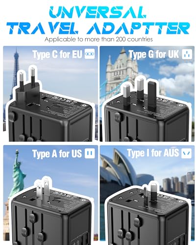Universal Travel Adapter Offers 5.8A 3X 3.0A USB-C Ports, 2X 2.4A USB-A Ports and Multi AC Outlet, All-in-One International Power Plug Adaptor Worldwide Charger for EU US UK AU 200+ Countries
