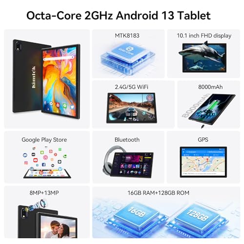 Android 13 Tablet 2024 Newest 10 inch Octa-Core Tablet, 128GB ROM+16GB RAM (8+8 Virtual)+1TB Expand, 5G WiFi Tablet with 13MP+8MP Camera, 8000 mAh Battery, 2 in 1 Tablet with Keyboard, Mouse, Case