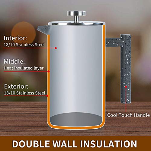 BAZZEFF French Press Coffee Maker 34oz with Double-Insulated Stainless Steel Large Metal Coffee Press with 3 Layer Filtration System for Ultimate Coffee Tea Brewing in Travel Camping or Home