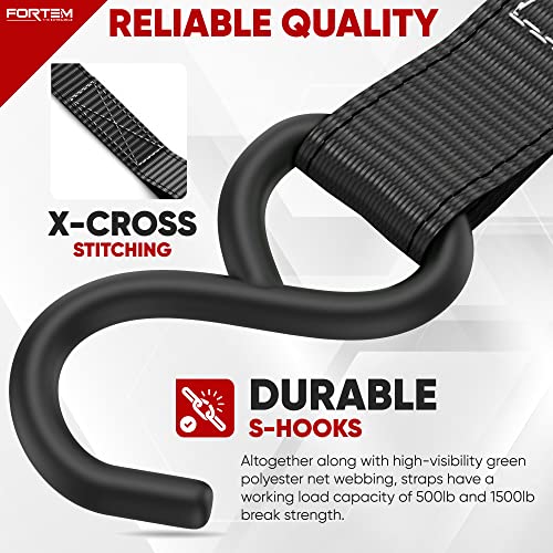 FORTEM Ratchet Straps (4), 1650lb Break Strength, 15ft Tie Down Strap, 4 Soft Loops, Motorcycle Straps Tie Downs, Cargo Straps for Trucks, Metal Hooks