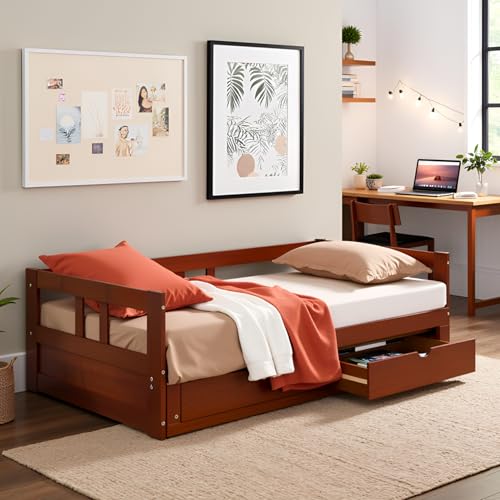 Alaterre Furniture Melody Extendable Daybed Frame with Trundle and Storage Drawers, Brazilian Pine Wood King-Size Bed for Kids Bedroom Furniture, 200 Pound Capacity, Multiple Finish Options