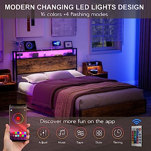 IKIFLY Full Size Storage Headboard with LED Lights & Charging Station - Industrial Metal and Wood Full Headboard Only for Bedroom, Attach Frame, Easy Assembly - Rustic Brown