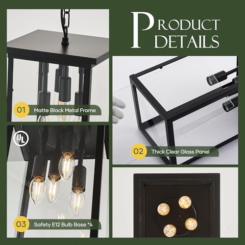 lighceac 10" Modern 4-Light Exterior Black Square Lantern Pendant Light Fixture with Clear Glass Industrial Hanging Cage Chandelier for Outdoor Porch Kitchen Island Dining Room Hallway Entryway Foyer