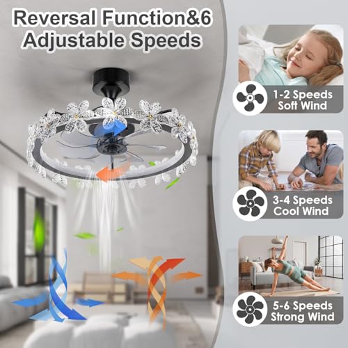 STROLITE Fandelier Ceiling Fans with Lights and Remote, 20.5'' Crystal Flower Bedroom Ceiling Fan, 3 Colors, 6 Speeds, Dimmable LED Light, Chandelier Ceiling Fan for Kitchen (Crystal Flower)