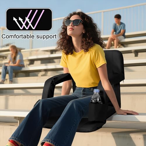 Stadium Seats for Bleachers with Back Support and Thick Padded Cushion,18" Extra Wide Portable Reclining Folding Chair with Optional Arms, 4 Pockets and Shoulder Straps,Big Size,Black,2PCS