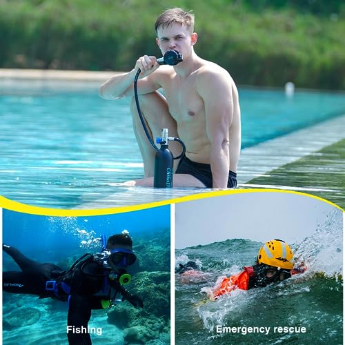 CHIKADIV Mini Scuba Tank, 1L Scuba Tank Underwater Breathing System for Family Lung Tank Diving Gear Reusable Scuba Diving Kit Gear with Pump for Exploration Emergency A Black