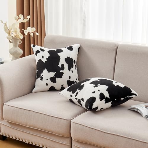 SOCHOW Decorative Throw Pillow Covers 18x18 Inches Set of 2, Soft Cow Print Flannel Fleece Pillowcase Square Cushion Covers for Sofa Couch Bed, Black/White
