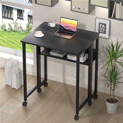 GreenForest Folding Desk Small Foldable Table with Storage Shelf,24.8 inch Rolling Computer Desk with Wheels Space Saving for Bedroom Home Office,Easy Assembly,Black