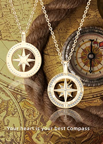 Compass Necklace for Women, 925 Sterling Silver with 18K White Gold/ Gold Plating Compass Pendant Jewelry Cubic Zirconia Unisex College for Masters Degree Graduation Birthday Christmas Ideas Gift