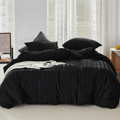 WARMDERN King Boho Duvet Cover Set, Light Grey Striped Microfiber 3pcs Bedding, Zipper Closure, Tufted Bohemian Design, Ultra Soft, Machine Washable