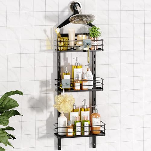 ODesign 2 Tier Shower Caddy Organizer-Over The Shower Head Caddy-Anti-Swing Hanging Bathroom Shelves-Shower Storage Basket Rack Rustproof-Height-Adjustable Large Shower Caddies-Black