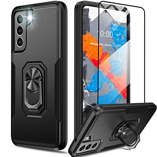 Oterkin for Samsung Galaxy S21 FE Case, Heavy Duty Military Grade Shockproof Case with Kickstand & Tempered Glass Screen Protector, Supports Magnetic Car Mount (Black)