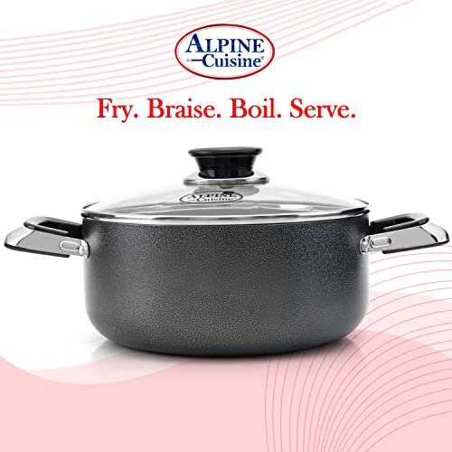 Alpine Cuisine 5.5 Quart Non-stick Stock Pot with Tempered Glass Lid and Carrying Handles, Multi-Purpose Cookware Aluminum Dutch Oven for Braising, Boiling, Stewing