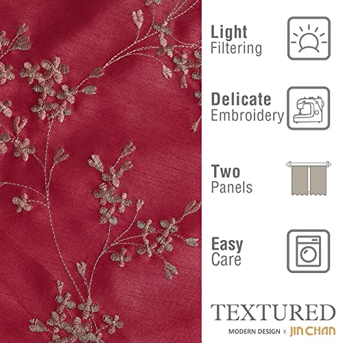 jinchan Floral Curtains Embroidered Curtains for Living Room 63 Inch Length Faux Silk Curtains Burgundy Red Flower Patterned Drapes Light Filtering Curtains Window Curtain Set 2 Panels