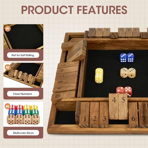VAMSLOVE Shut The Box Dice Game Wooden Board for 2-4 Player, 4 Sided 10 Numbers Math Games with 8+4 Dices Close The Box for Kids Adults(Instructions Included)