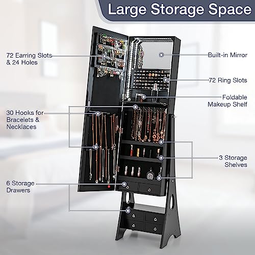 CHARMAID Jewelry Cabinet with LED Light Strip, 62.5'' Floor Jewelry Armoire with High Full Length Mirror, Vanity Mirror, Foldable Makeup Shelf, Jewelry Organizer Storage with 6 Drawers (Black)