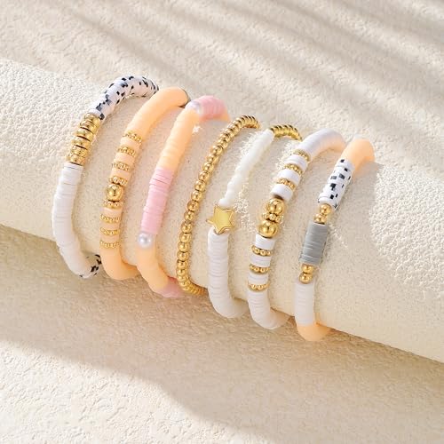 KISS WIFE Surfer Heishi Clay Beaded Bracelets for Women, Summer Beach Jewelry Bohemian Stackable Stretch Friendship Bracelet Set, Trendy Cute Preppy Stuff (9-Apricot Brown Star) (1-Apricot Pink Beads)