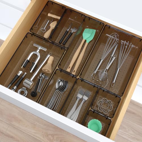 StorMiracle 7 PCS Clear Plastic Drawer Organizers Set, 4 Size Desk Drawer Organizer Trays for Makeup, Jewelry, Kitchen Utensils, Gadgets and Office Accessories, Black