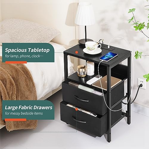 Yoobure Nightstand with Charging Station, Small Night Stand with Fabric Drawers and Storage Shelf for Bedrooms, Nightstands for Small Spaces, Bedside Table with USB Ports & Outlets Bed Side Table