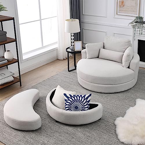 DEINPPA Swivel Accent Chair with Armrest Tray, Round Barrel Chairs with Ottoman for Living Room Bedroom-Corduroy Fabric-Haze Blue
