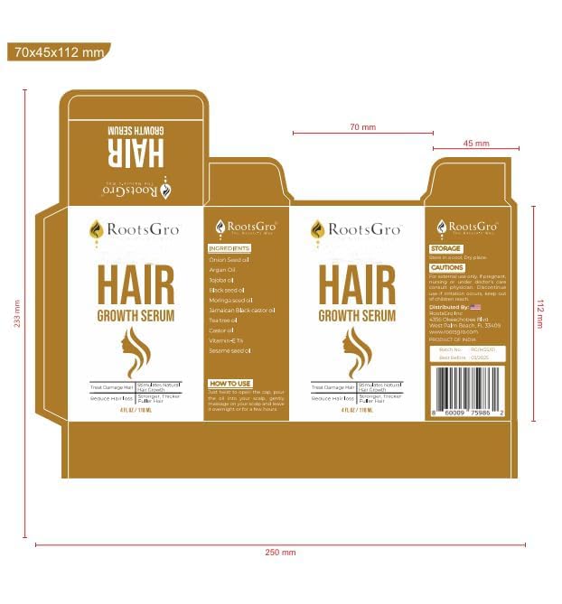 RootsGro 100% Natural Hair Growth Serum - Potentially Supports Hair Repair, Nourishes for Thicker, Fuller Hair - Infused with Argan, Jojoba, Castor Oils - Ideal for Daily Hair Care Routine - 4oz